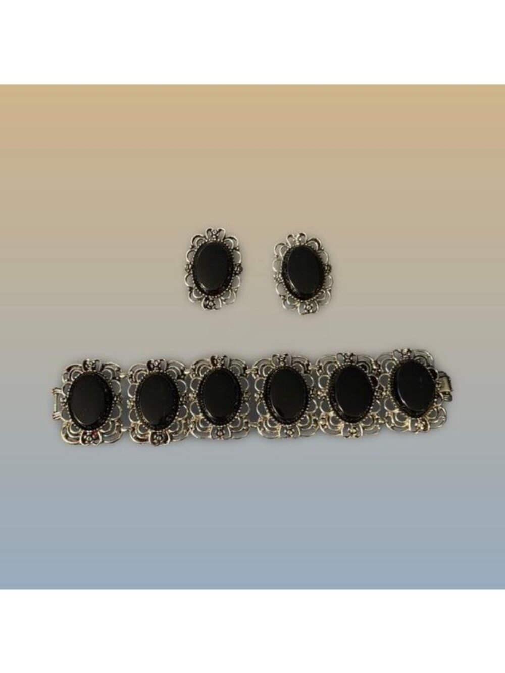 Emmons Black Stone Bracelet & Earrings Set Silver Tone Signed Vintage